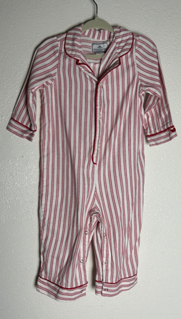 Petite Plume Antique Red Ticking Romper Baby One piece Snaps 12/18 Months